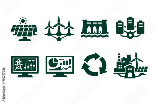 Set of green renewable energy and sustainability icons showing solar panels, wind turbines, hydro dam, smart city, analytics dashboards, recycling, and eco industry