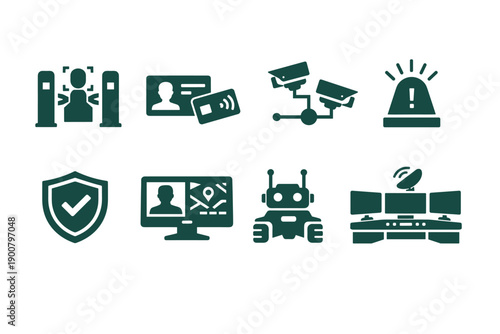 Security and surveillance icon set featuring access control, identity badges, CCTV cameras, alarm siren, shield protection, monitoring screens, robot, and control console