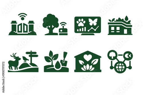 Green eco icon set showing sustainable home, smart garden monitoring, wildlife habitat, recycling, renewable energy, and nature conservation symbols