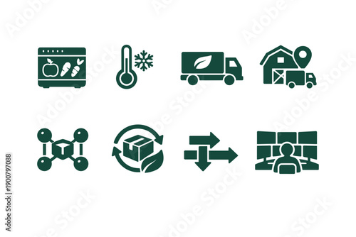 Set of supply chain and logistics icons featuring inventory, cold storage temperature, eco delivery truck, farm location, packaging cycle, routing arrows, and warehouse management