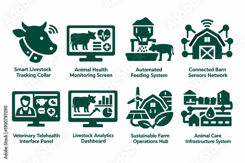 Green icon set illustrating smart livestock tracking, animal health monitoring, automated feeding, connected barn sensors, analytics, and farm operations