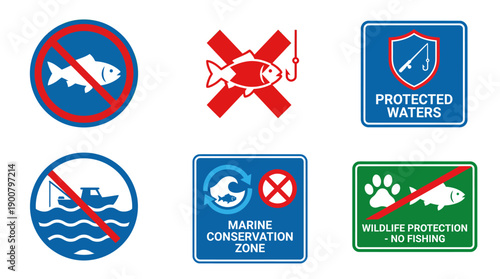 No Fishing Flat Icon Set � Fishing Prohibited Water Restriction Vector