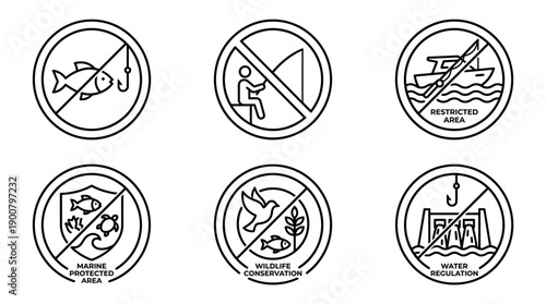 No Fishing Outline Icon Set � Line Art Fishing Restriction Symbols Vector