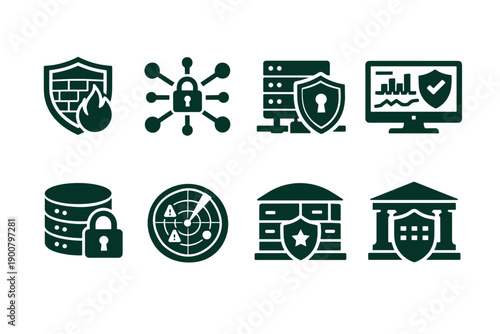 Set of cybersecurity protection icons showing firewall, network lock, secure server, monitoring dashboard, database padlock, threat radar, shielded home and bank security