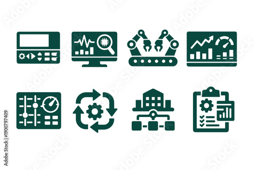 Industrial automation and manufacturing process icons set featuring monitoring dashboards, robotic assembly, workflow management, analytics, and reports