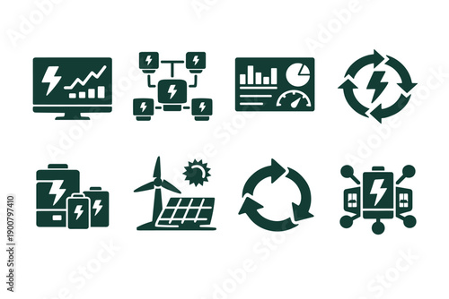 Set of green energy management and renewable power icons showing analytics, storage batteries, solar panels, wind turbine, and recycling loops on white