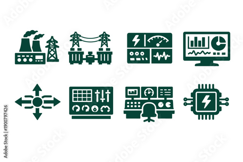 Set of power grid and energy management icons showing generation, transmission, control room monitoring, smart metering, and microchip electricity systems