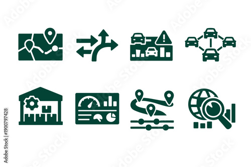 Set of green transportation and logistics icons showing navigation, road directions, traffic alerts, fleet management, analytics dashboard, routing, and tracking