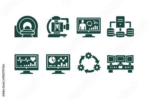 Set of medical technology icons showing MRI scanner, CT imaging, patient monitoring dashboards, electronic records, analytics charts, workflow automation, and servers