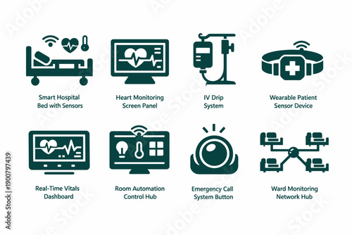Set of smart hospital technology icons showing sensor bed, heart monitoring screen, IV drip, wearable device, vitals dashboard, automation hub, call button, network