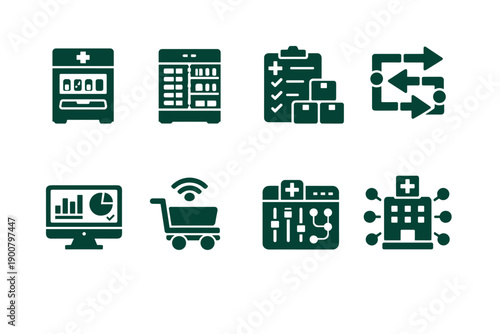 Set of healthcare and medical technology icons showing hospital system, diagnostics dashboard, clipboard records, telemedicine cart, and data exchange network