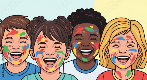 Happy Children with Colorful Paint on Faces, Smiling and Having Fun Together