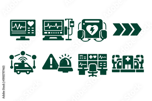 Set of green healthcare and emergency service icons featuring patient monitoring, ambulance connectivity, medical alerts, dispatch center, and hospital symbols