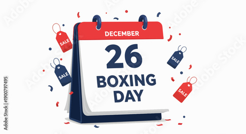 Graphic illustration of a calendar marking December 26 as Boxing Day with confetti and gift tags.