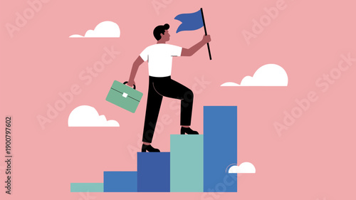 Businessman climbing a bar graph holding a flag, symbolizing career success, goal achievement, professional growth, ambition, and leadership in corporate and business illustration design.