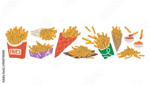 A colorful illustration of various French fries in different containers and toppings