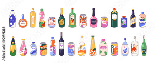 Beverages in glass and plastic bottles set. Different drinks: soda can, sparkling water, alcohol and liquors, pack of milk. Various refreshments. Flat isolated vector illustrations on white background