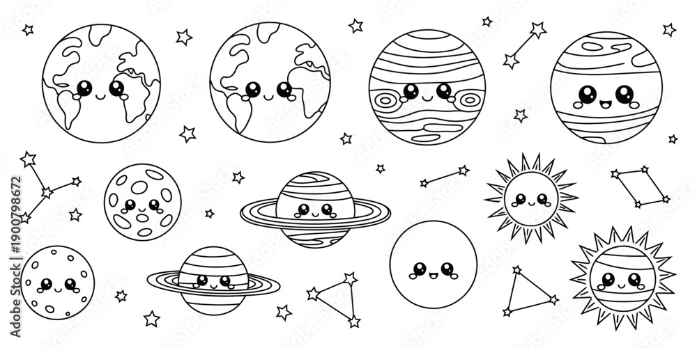 Obraz premium Cartoon solar system illustration featuring smiling planets, Sun and Moon faces, designed as educational space clipart in black and white vector style for astronomy and learning visuals.