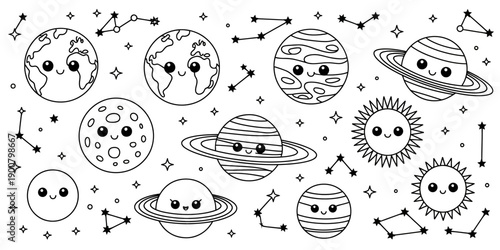 Cartoon solar system illustration featuring smiling planets, Sun and Moon faces, designed as educational space clipart in black and white vector style for astronomy and learning visuals.