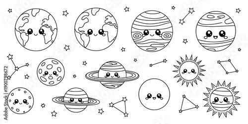 Cartoon solar system illustration featuring smiling planets, Sun and Moon faces, designed as educational space clipart in black and white vector style for astronomy and learning visuals.