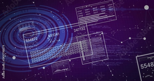 Displaying central holo UI showing glass keyboard panels, numbers, radar rings in cyberspace