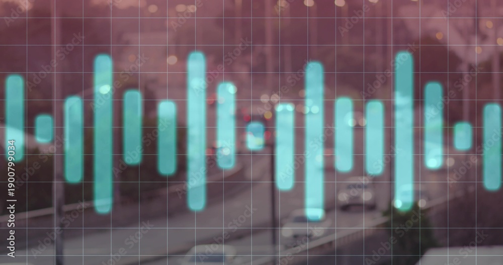 Fototapeta premium Overlaying turquoise waveform with rounded bars pulsing across center over urban roadway dusk, grid