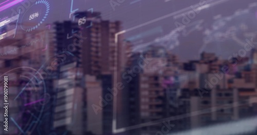 Displaying blurred high-rise buildings through reflective glass at dusk, with 55% circular gauge