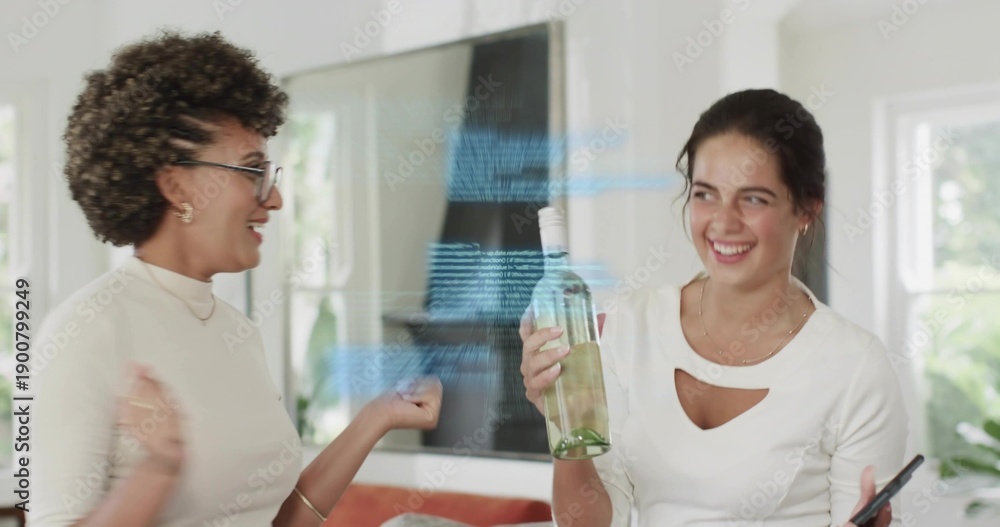 Obraz premium Smiling woman on right wearing white top holding smartphone and bottle in living room, TV visible