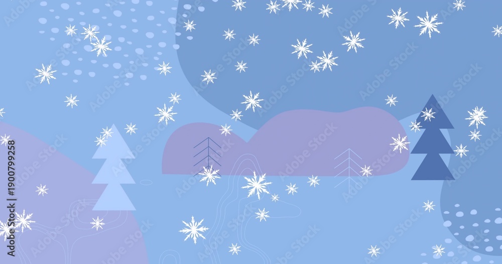 Naklejka premium Drifting white snowflakes forming central cluster across stylized winter hills, with pine trees