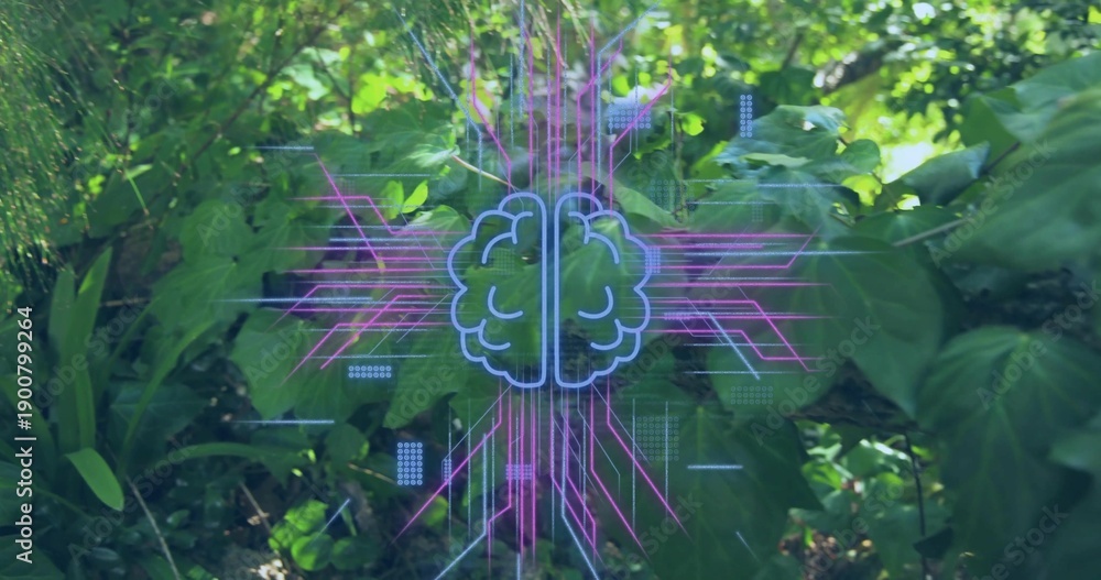 Fototapeta premium Projecting neon brain hologram hovering over leafy undergrowth, emitting magenta purple cyan traces