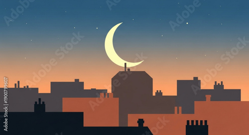 Crescent Moon over City Skyline at Dusk, Silhouette Buildings, Vector Illustration