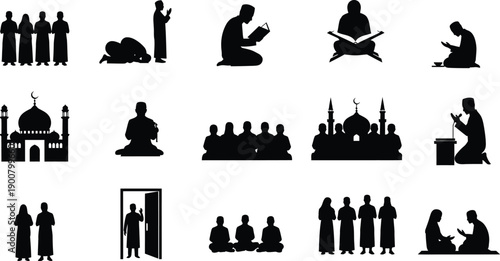 Black silhouettes of people in various islamic scenes and architecture
