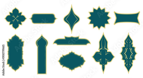 Islamic ornamental frames and design elements in teal and gold colors