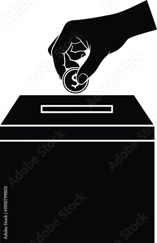 Black silhouette of a hand putting a coin into a ballot box
