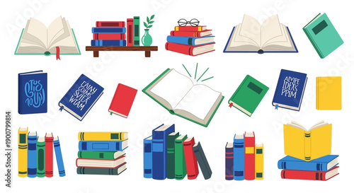 Colorful illustration of stacked and open books with reading glasses and foliage