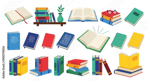 Colorful stack of books open volumes and reading accessories in a flat design