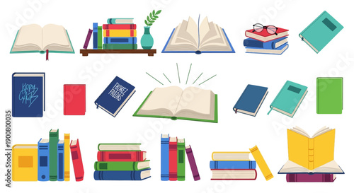 Collection of colorful open and closed books with a feather and glasses