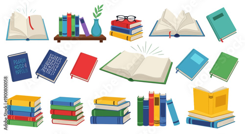 Colorful collection of open and stacked books with glasses and a vase