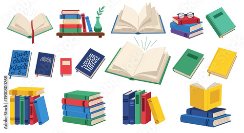 Colorful illustration of stacked and open books with reading glasses and a plant