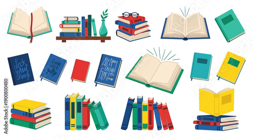 Colorful collection of open and stacked books with glasses and a small plant