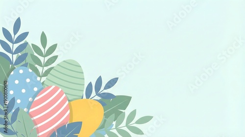 Colorful collection of stylized, decorated easter eggs nestled among lush green and blue foliage against a soft, pale blue background perfect for springtime celebration graphics.