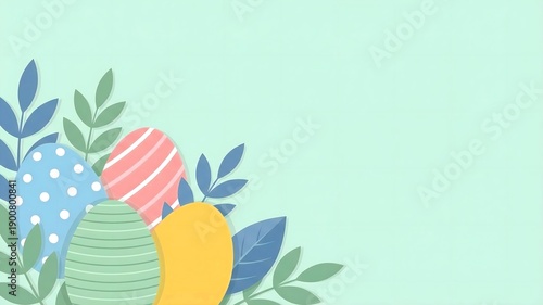 Adorable illustration featuring colorful patterned easter eggs nestled amongst vibrant blue and green foliage against a pale mint green background