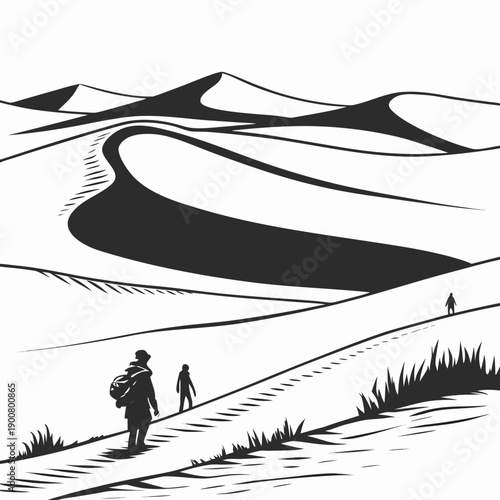 Two hikers journey through vast, undulating desert landscape under clear skies.