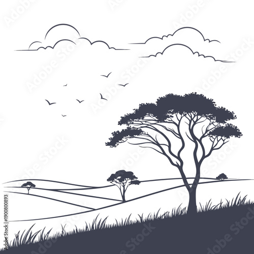 Silhouettes of trees and birds against a cloudy sky on a hillside.