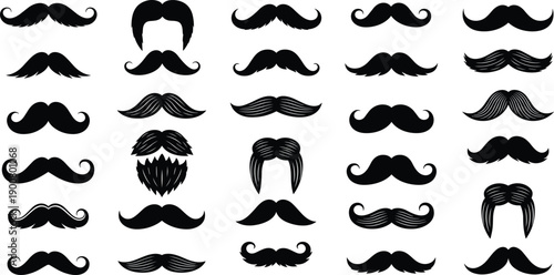 Black Moustache and Beard Silhouette Vector Set Featuring Various Mustache Styles Handlebar Facial Hair and Barber Shop Elements for Masculine Design,