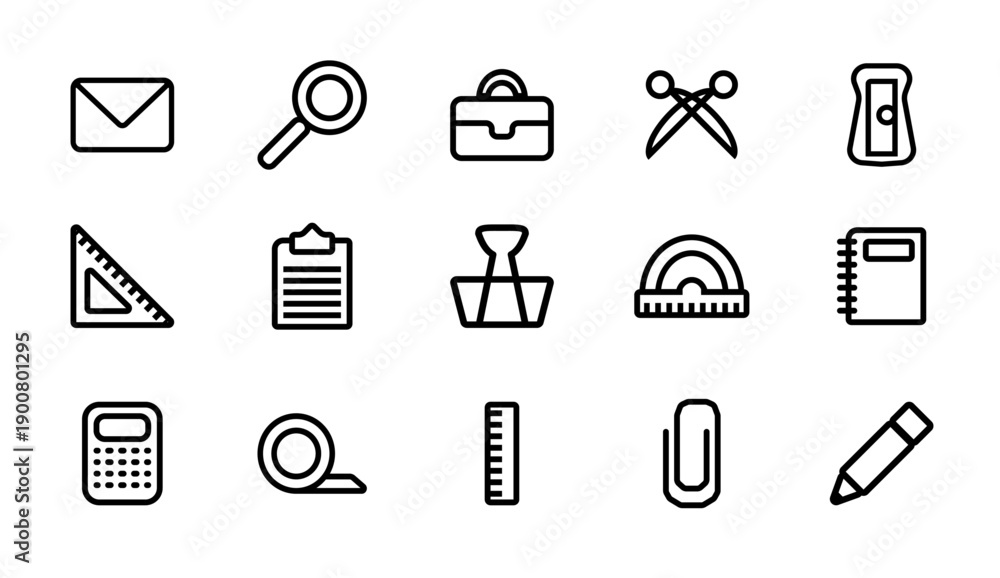 Fototapeta premium Office tools icon set. Pencil sharpener and tape, magnifying glass and ruler.