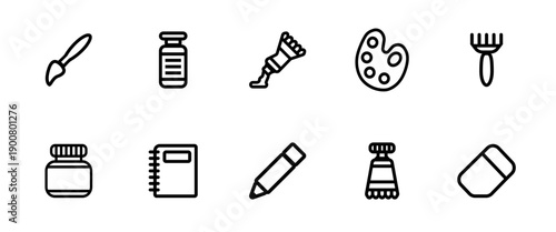 Drawing tool icons set. Paintbrushes, opened paint tube, notebook and palette.