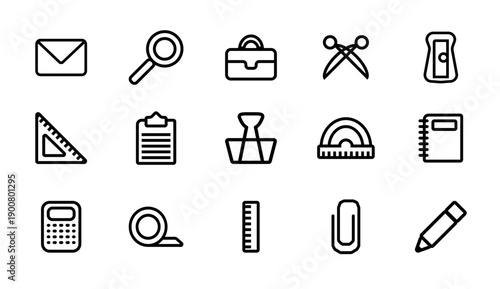 Office tools icon set. Pencil sharpener and tape,  magnifying glass and ruler.