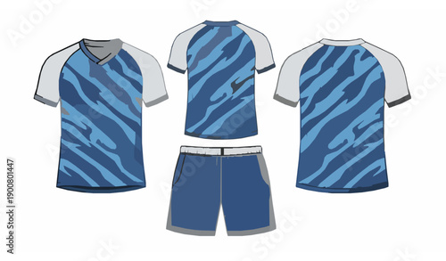 Sports jersey and shorts kit flat sketch vector illustration front and back views isolated on transparent background