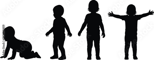 Black silhouette icons set of child growth stages from crawling baby to standing toddler and young kid isolated on white